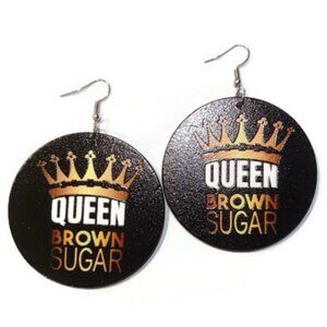 Crown Queen Brown Sugar Black Gold Large Statement Dangle Wood Earrings